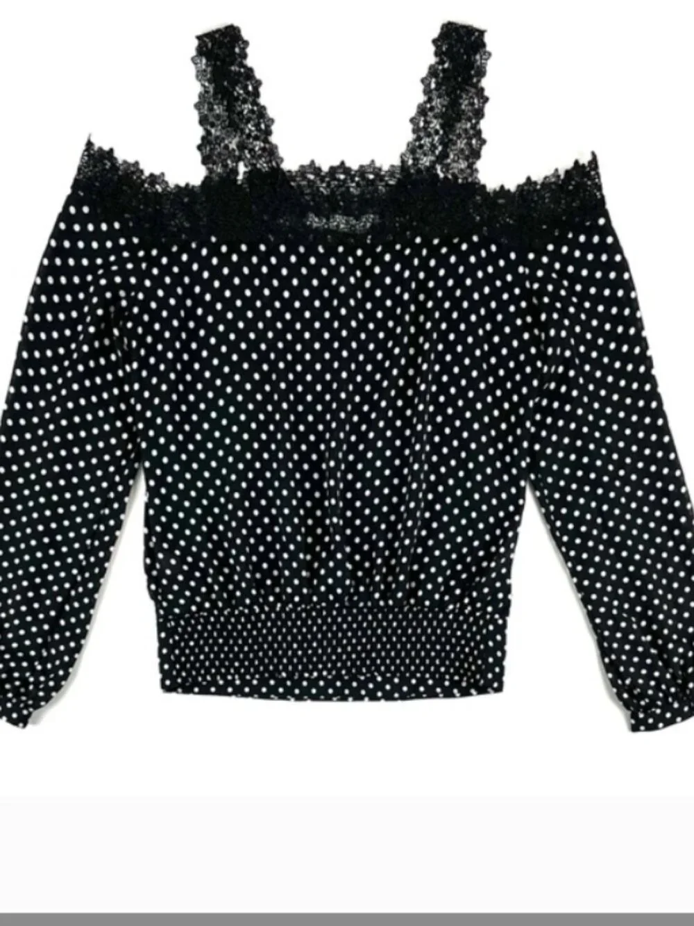 Bebe Polka Dot Print Lace Cold Shoulder Top Size XL - Picture 3 of 11